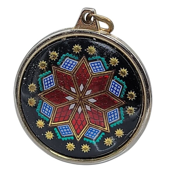 Snowflake Design Pendant Double Sided Multicolor Round Silver-tone Setting - Picture 5 of 9